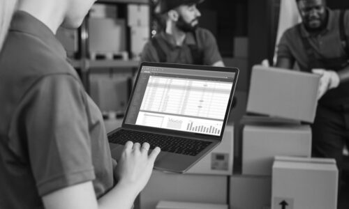 Female Manager Using Laptop Computer To Check Inventory. In the Background Warehouse Retail Center with Cardboard boxes, e-Commerce Online Orders, Food, Medicine, Products Supply. Over the Shoulder