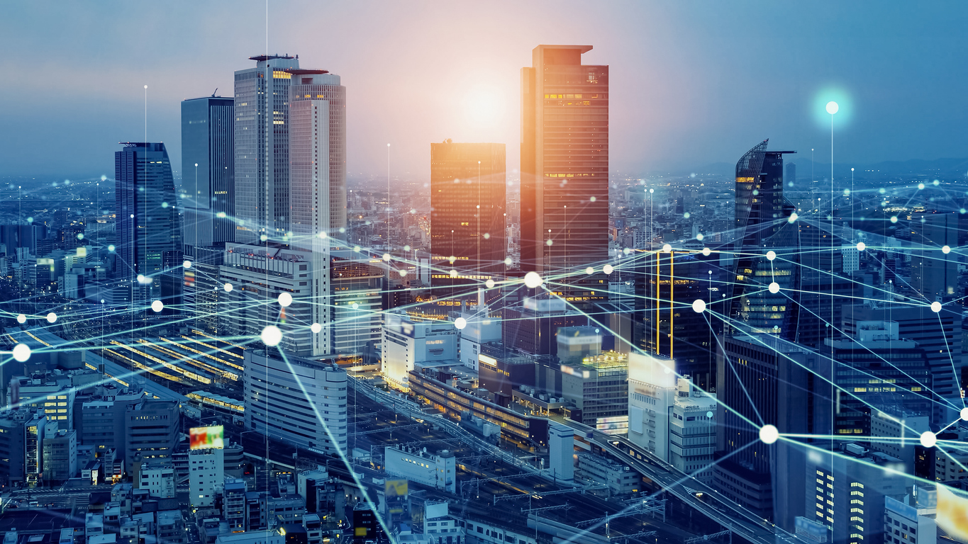 City infrastructure connected as data points.