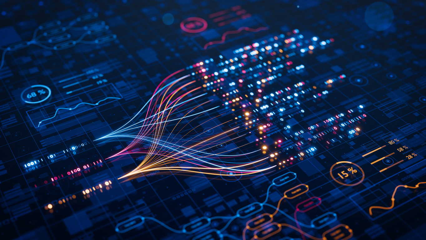 AI powers big data analysis and automation workflows, showcasing neural networks and data streams for business. Artificial intelligence, machine learning, digital transformation and tech innovation