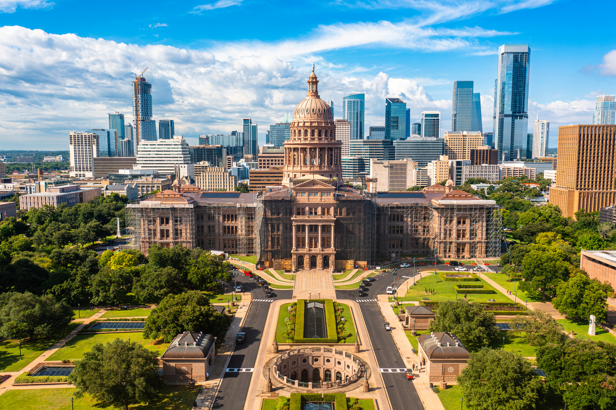 Austin Texas State Capitol and Skyline Aerial Drone Image