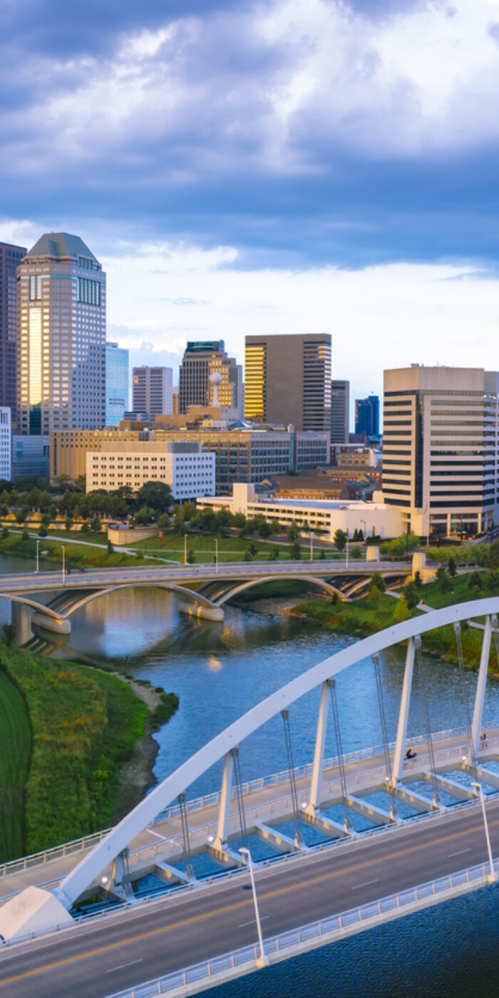 Aerial view of Downtown Columbus Ohio with Scioto river during sunset