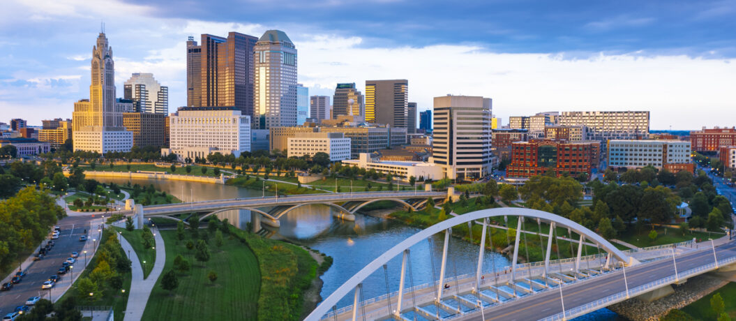 Aerial view of Downtown Columbus Ohio with Scioto river during sunset