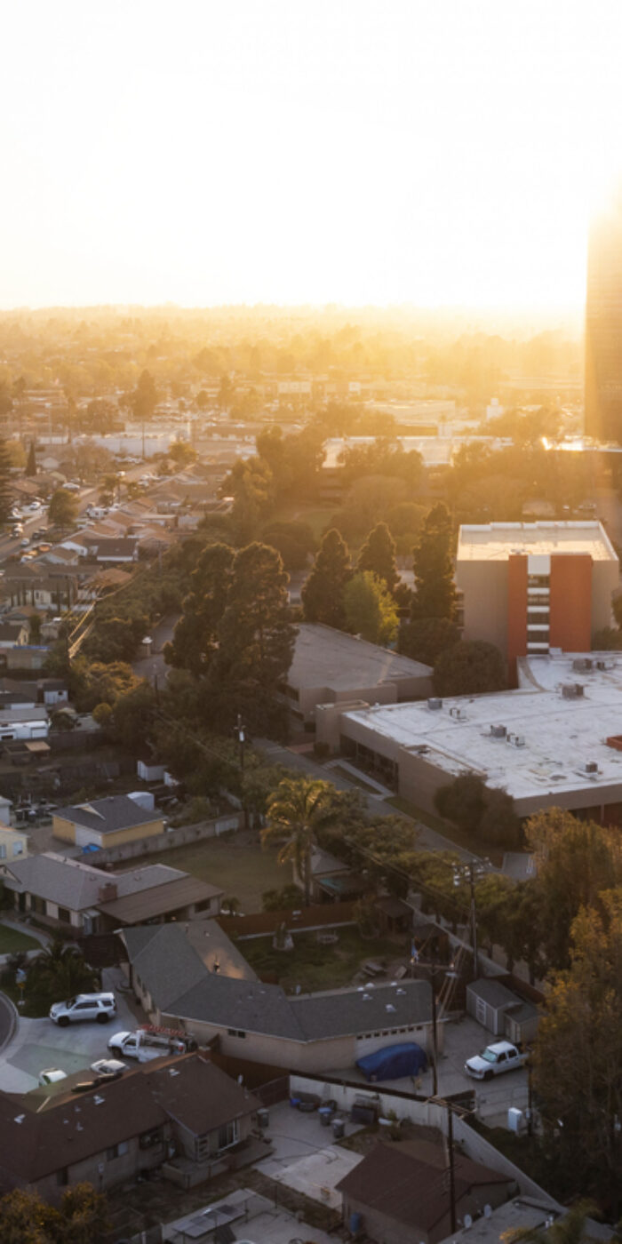 Sunset aerial view of the downtown skyline of Oxnard, California, USA.