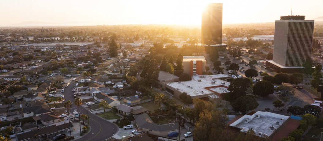 Sunset aerial view of the downtown skyline of Oxnard, California, USA.
