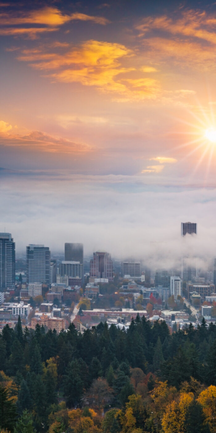 A photograph of Mt. Hood and Portland downtown with rolling fog and autumn foliage in shining sunrise and colorful clouds
