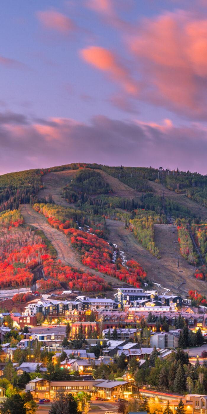 Park City, Utah, USA downtown in autumn at dusk.