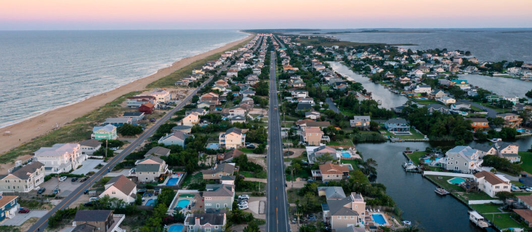 Aerial View looking south of the Sandbridge area of Virginia Beach at Sunset