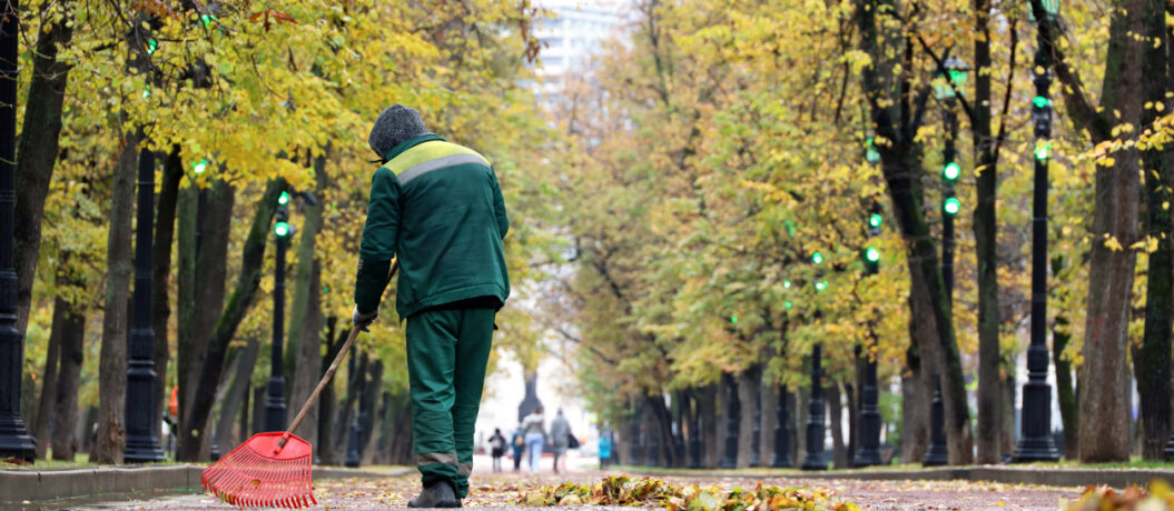 Janitor sweeping the fallen leaves on autumn street