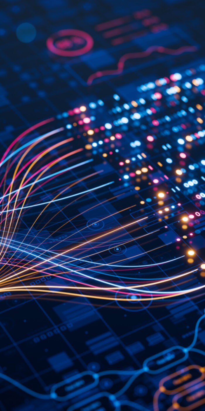 AI powers big data analysis and automation workflows, showcasing neural networks and data streams for business. Artificial intelligence, machine learning, digital transformation and tech innovation.