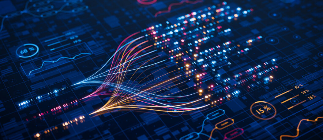 AI powers big data analysis and automation workflows, showcasing neural networks and data streams for business. Artificial intelligence, machine learning, digital transformation and tech innovation.