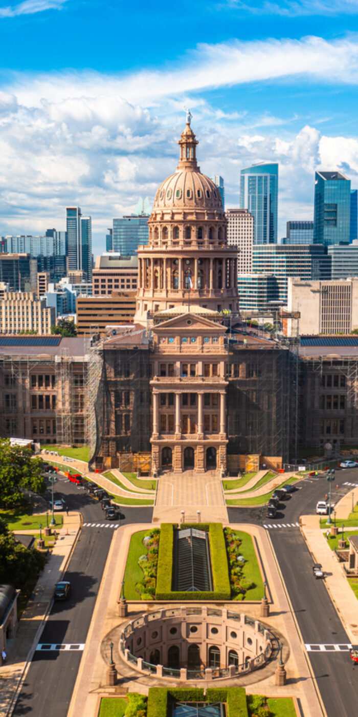 Austin Texas State Capitol and Skyline Aerial Drone