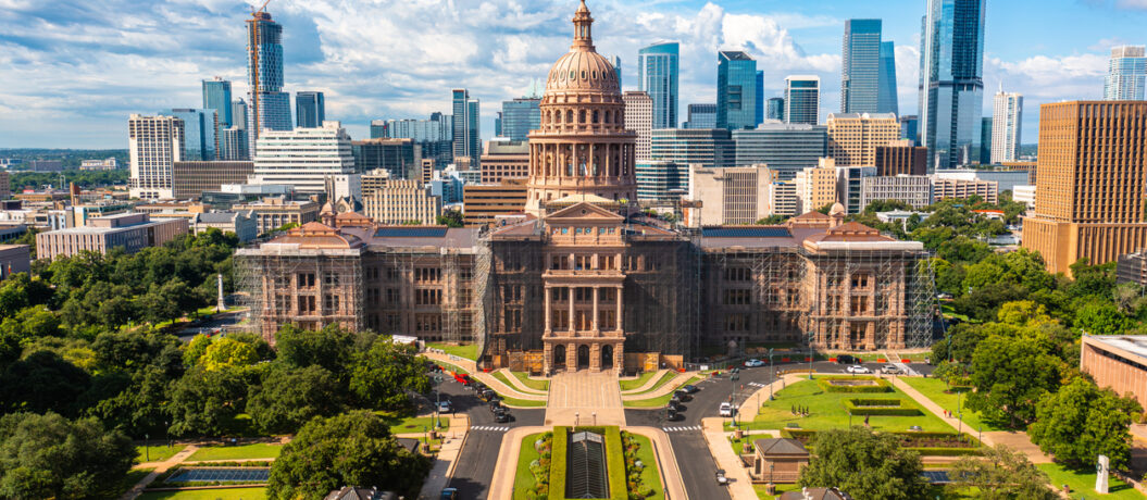 Austin Texas State Capitol and Skyline Aerial Drone