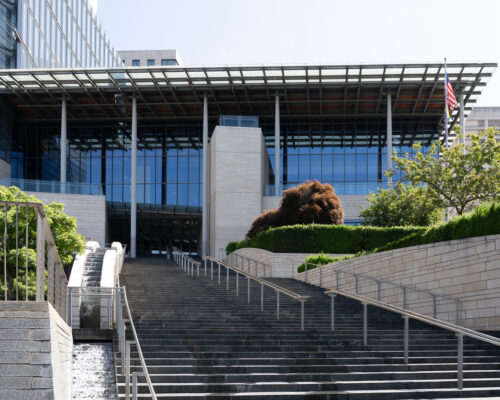 The entrance to Seattle City Hall, Washington, USA - June 15, 2023. Seattle City Hall is the home of the offices of the mayor and city council of Seattle.