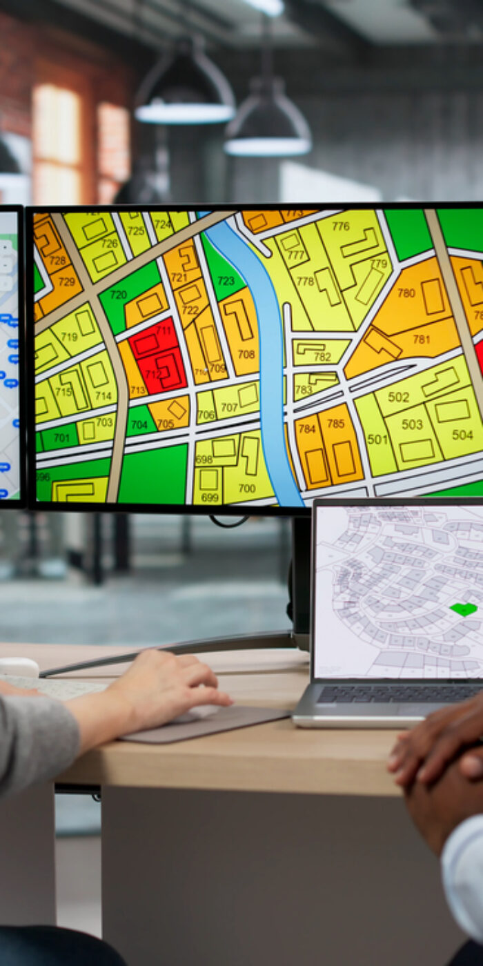 Two GIS Analysts Discuss Urban Plans Using Computer Screens In Office