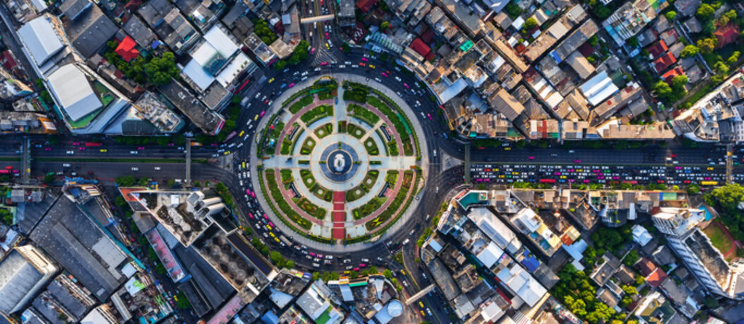 Road roundabout with car lots in Bangkok,Thailand.