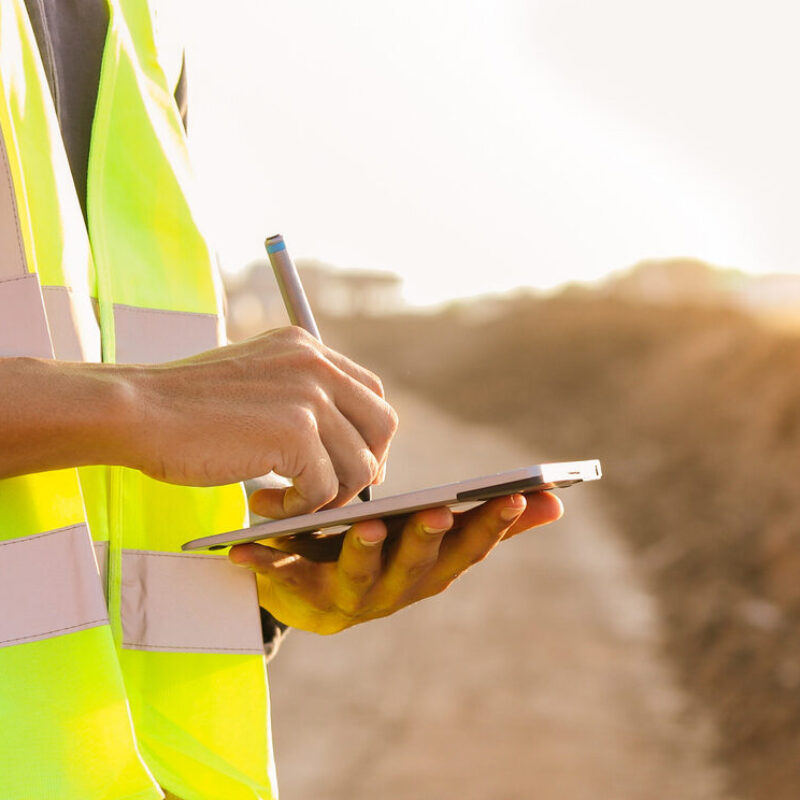 Asian engineer with hardhat using  tablet pc computer inspecting and working at construction site
