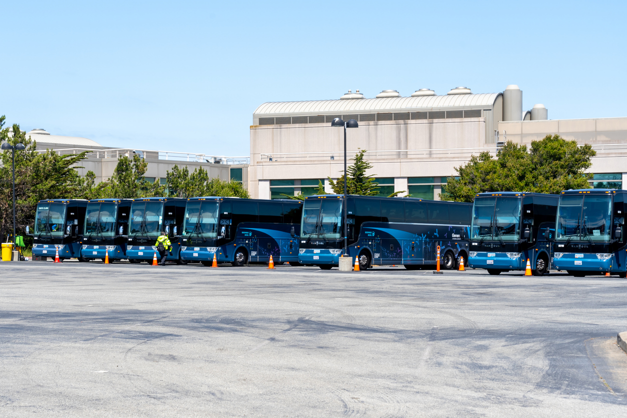 Van Hool buses on the parking lot in San Francisco, California, USA