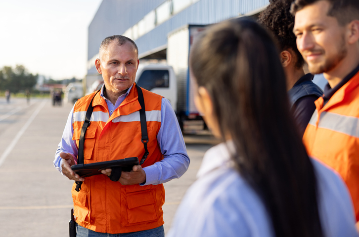 Foreperson giving instructions to his employees at a loading dock
