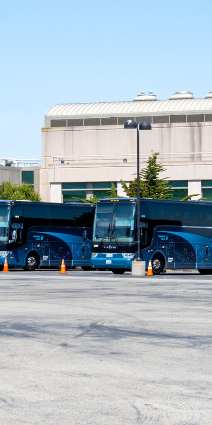 San Francisco, California, USA - June 7, 2023: Van Hool buses on the parking lot in San Francisco, California, USA.
