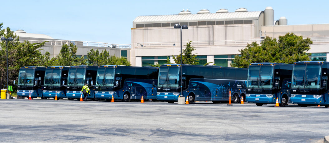 San Francisco, California, USA - June 7, 2023: Van Hool buses on the parking lot in San Francisco, California, USA.