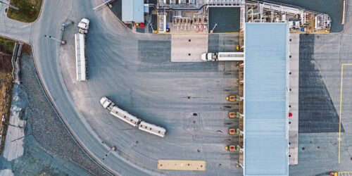 Aerial view of fuel loading pumps for a variety of fuel types.
